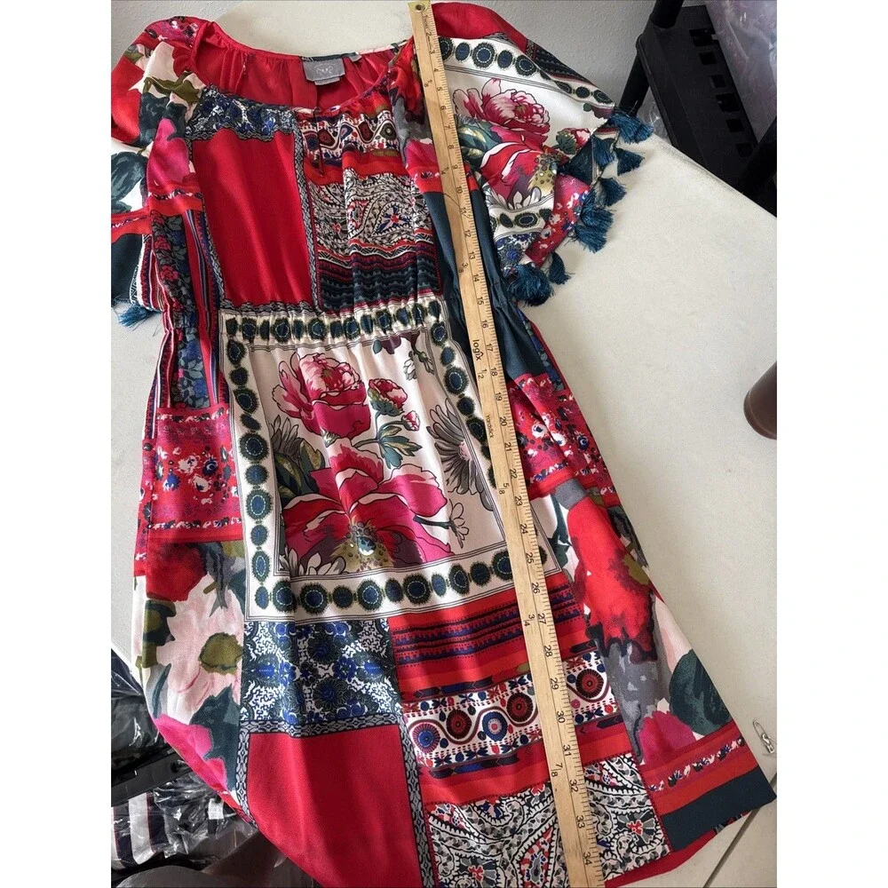 Anthropologie Vanessa Virginia Persian Rose Dress Tassels Red Navy White Small - Picture 9 of 14